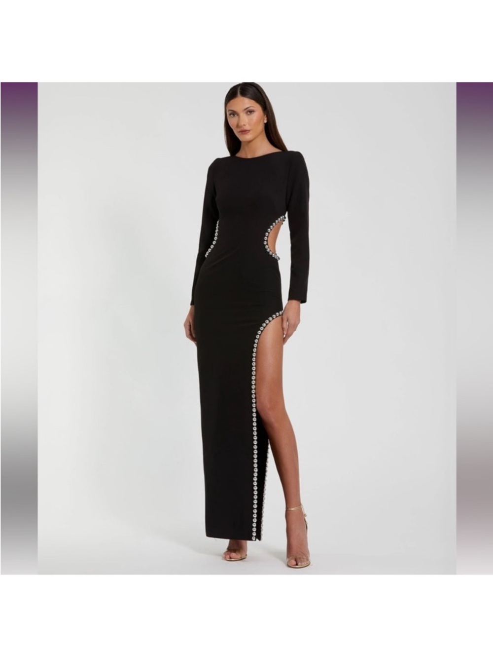 Mac Duggal 44049 Black Crepe Long Sleeve Gown With Beaded Cut Outs 10 NWOT